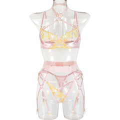 Yimunancy 3-Piece Lace Lingerie Set Women Embroidery Floral Halter Bra Underwire + Thong Underwear Set Pink Bandage Sexy Bra Set