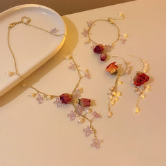 Immortal Flower Pearl Necklaces Bracelet Earrings Set