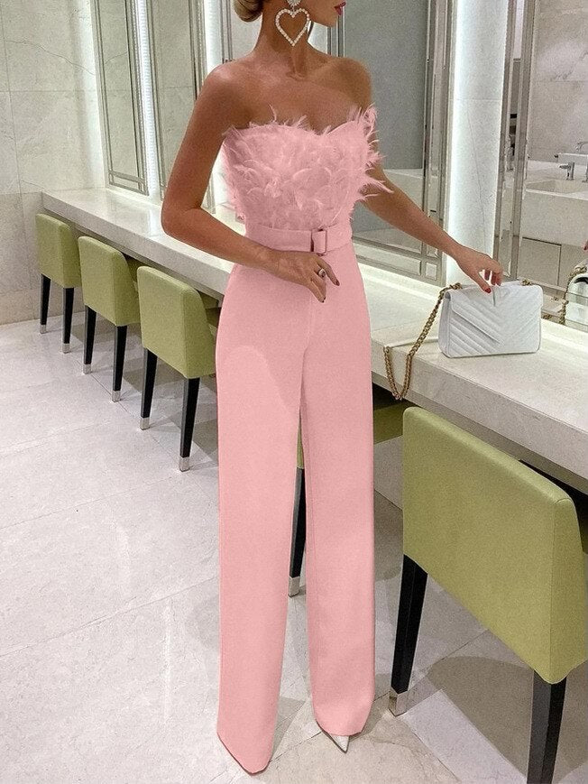 Valeria Feather-Trim Strapless Wide-Leg Jumpsuit One-piece