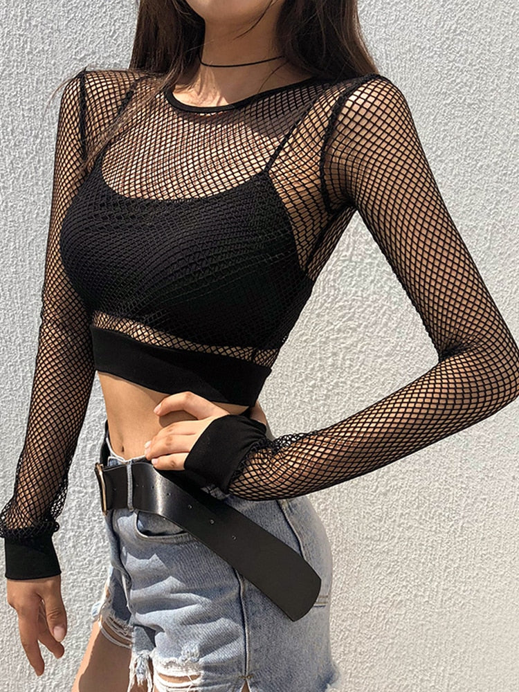 HEYounGIRL Sexy Mesh Crop Tops Tee Shirt Femme Hollow Out Black Tshirt Women See Trough Long Sleeve Streetwear Fishnet T Shirt