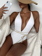 Solid Strapped Swimwear Sexy High Waist Cut One Piece Backless Hollow Belt Bathing Suit