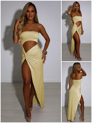 Sexy Hollow Out Sleeveless Strapless High Split Maxi Dress