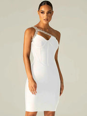 Sexy One Shoulder Diamond Hollow Bodycon Bandage Dress Elegant Crystal Strap Celebrity Club Party Black Dress vestido