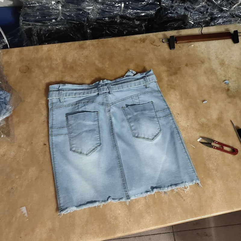 High Waist High Elastic Lace Up Denim Skirt Women Summer Single Breast Worn Blue Mini Skirts Sexy Package Hip Tassel Jeans Skirt