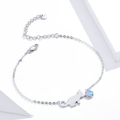 BAMOER U Authentic 925 Sterling Silver Cute Pussy Cat Opal Link Bracelet for Women Luxury Fine Jewelry Female Gifts SCB175