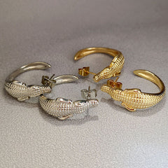 Punk Fashion Crocodile Earrings, Reptile Accessories, Party Jewelry, Gold and Silver