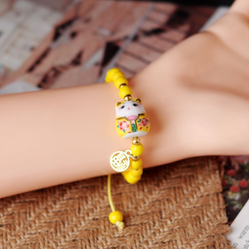 Chinese Style Cute Ceramic Fortune Cat Fu Bracelet Kawaii Fortune Wish Men Women Red String Bracelet Fashion Jewelry