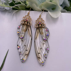 Handmade Butterfly Wing Drop Earrings with Foil Rhinestones