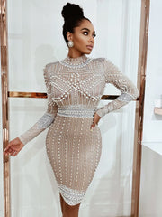 High Quality Celebrity Khaki Pearl Beading Hollow Out Dress Women Long Sleeve Sexy Bodycon Club Party Dresses Vestidos 2022