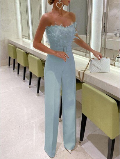 Valeria Feather-Trim Strapless Wide-Leg Jumpsuit One-piece