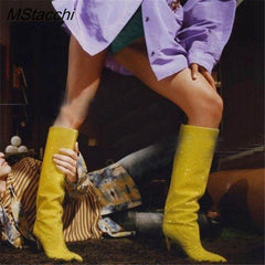 Jillian Rhinestone High Boots Pointed Toe Slip-on Long Boots Stiletto