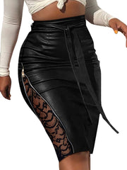 Spring Ladies Above Knee Black PU Leather Mini Skirts Women High Waist Bodycon Front Slit Mesh Elegant Short Skirt