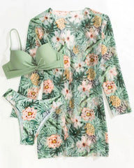 Floral Print Bikini Set - Low Waist Twist Swimsuit Long Sleeve Cover Up Three Pieces Beach Bathing Suit