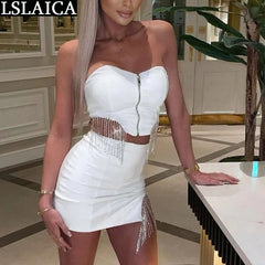 Sexy Two-piece Short Skirt Fringed Diamond Wrapped Chest 2 Piece Sets Casual Sleeveless Sexy Style Night Club Fashion Clothing