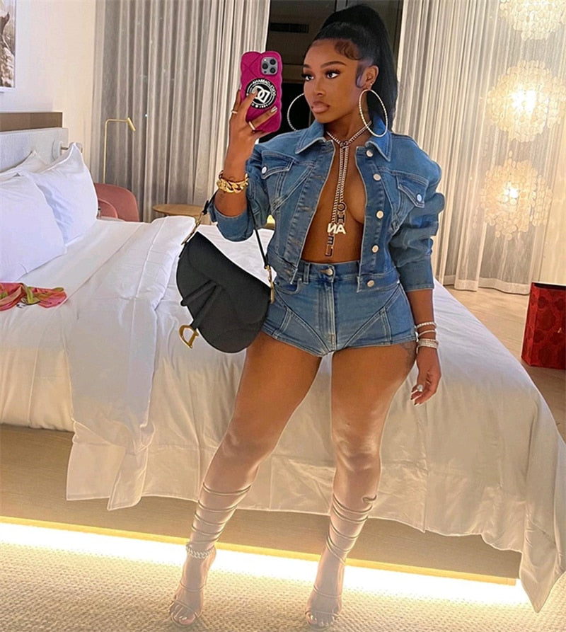 Jeans 2 Piece Set Stretchy Denim Suits Single Breasted Turn Down Collar Long Sleeve Short Jacket And Shorts