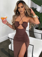 Sophia's Halter Backless Sleeveless Cut Out Maxi Dress Elegant Slit Dress