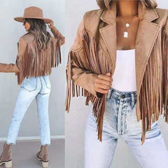 Women Y2k Fringed Hem Tassel Cardigan Crop Tops E-girl Motor Biker Jacket Suede Leather Jacket 90s Vintage Streetwear Coat Cool