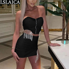 Sexy Two-piece Short Skirt Fringed Diamond Wrapped Chest 2 Piece Sets Casual Sleeveless Sexy Style Night Club Fashion Clothing
