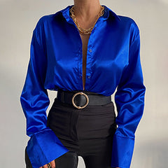 Silk Office Ladies Elegant Shirt Blouse Button Up Satin Shirt Vintage Long Sleeve Shirt