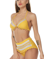 2022 Sexy Halter Retro Mesh Hollow Out String Biquini Bath Suit Swimsuit High Waist Pompones Pom Swimwear Women Triangle Bikini