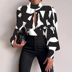 Spring Women Sexy Backless Hollow Print Shirts Tops 2022 Casual Stand Long Sleeve Office Lady Blouses Fashion Party Crop Top