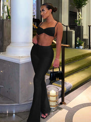 Hugcitar Stripe Ribbed Women 2 Piece Set Lace Up Ruched Camis Crop Top Bell Flare Pants Suit Matching Outfits Sportswear Club