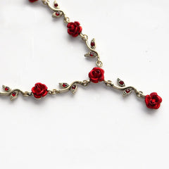 Vintage Red Rose Flower Necklace Bracelet Earring Jewelry Set Tassel Earring Clavicle Chain