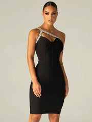 Sexy One Shoulder Diamond Hollow Bodycon Bandage Dress Elegant Crystal Strap Celebrity Club Party Black Dress vestido