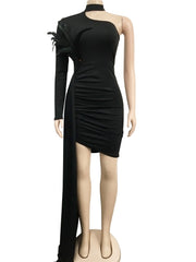 Sexy Solid Feather Details Skinny Mini Dress Spring Women Halter One Shoulder Irregular Bodycon Dress