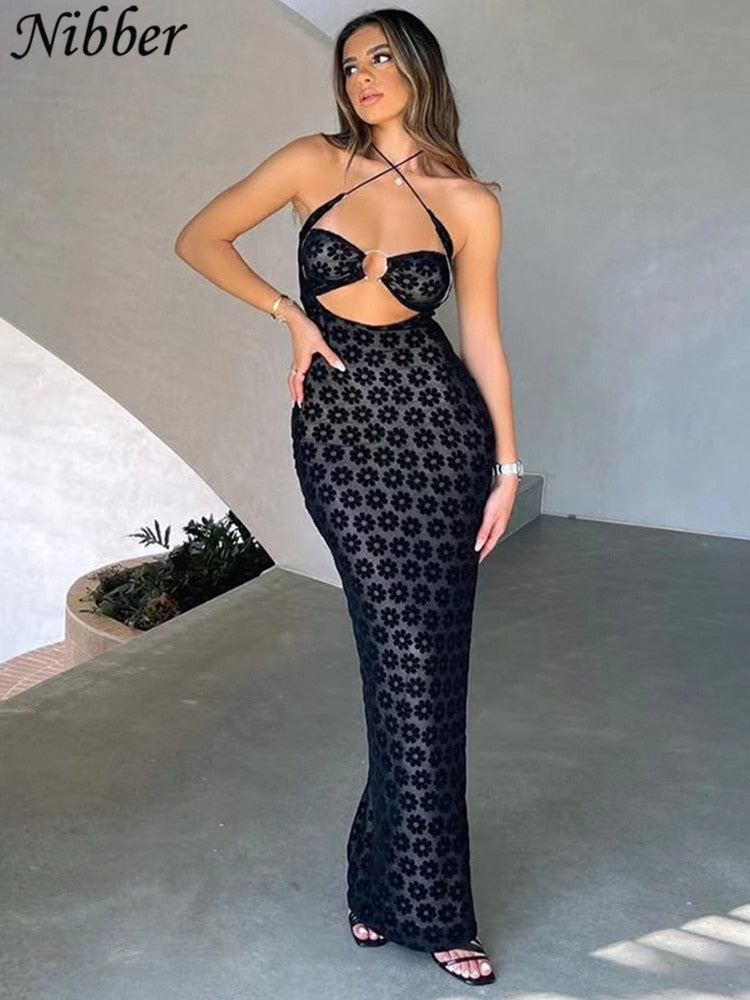 Nibber Dresses Women Maxi Dress Solid Color Hanging Neck Sexy Hollow Perspective Bag Hips Robe Female 2022street Trendy Clothing