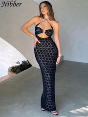 Nibber Dresses Women Maxi Dress Solid Color Hanging Neck Sexy Hollow Perspective Bag Hips Robe Female 2022street Trendy Clothing