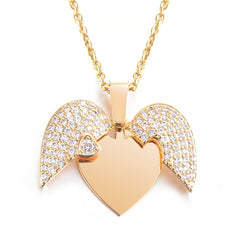 Personalized Women Chain Necklace Custom Engraved Heart Name Openable Heart Crystal Wings Pendant Neklace Valentine Day Gift