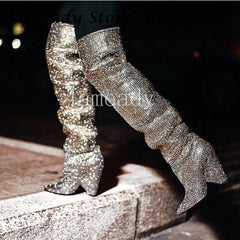 Jameady Bling Strass Rhinestones Knee High Boots Spike High Heel