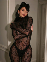 Ava's Allure: Black Sheer Mesh Jumpsuit