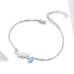 BAMOER U Authentic 925 Sterling Silver Cute Pussy Cat Opal Link Bracelet for Women Luxury Fine Jewelry Female Gifts SCB175