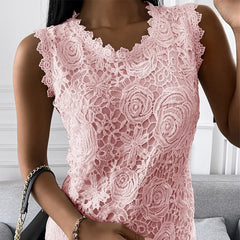 Vintage Lace Jacquard T-Shirt Women Summer Sleeveless Solid Color Vest Top Ladies Casual O-Neck Camisole Tank Shirts Plus Size