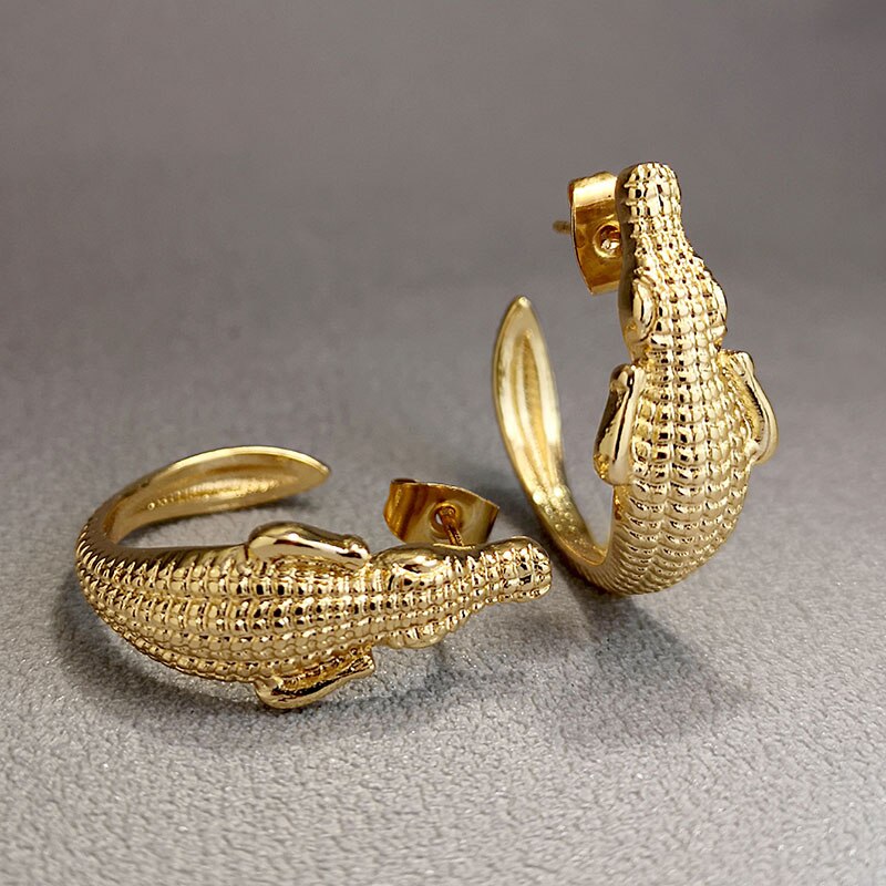 Punk Fashion Crocodile Earrings, Reptile Accessories, Party Jewelry, Gold and Silver