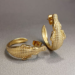 Punk Fashion Crocodile Earrings, Reptile Accessories, Party Jewelry, Gold and Silver