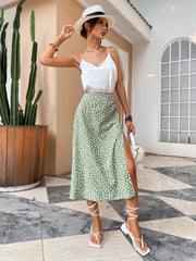 Split Thigh Allover Print Skirts Slit Long Length High Waist With Zipper Slight Stretch
