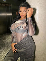 CNYISHE Mesh Skinny Sexy Rompers Women Jumpsuits Geometric Print Long Sleeves Slim Sheath Bodysuits Streetwear Bodycon Tops Tees