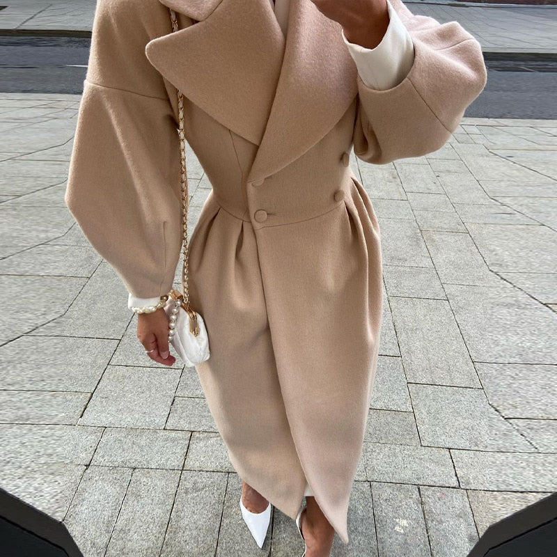 Autumn Women Woolen Coat Thick Lapel Lantern Sleeve Office Lady Long Jackets Double-Breasted New in Outerwears Female Coats