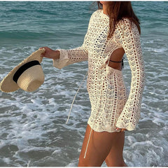 Hollow Out Backless Knitted Dress Long Sleeve Lace Up Mix Dress