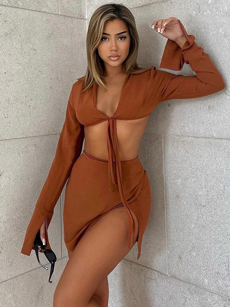 Cryptographic Brown Sexy Tie Front Top and Skirt Sets Women Fashion Outfits Fall Matching Set Split Skirt Club Party Clothes