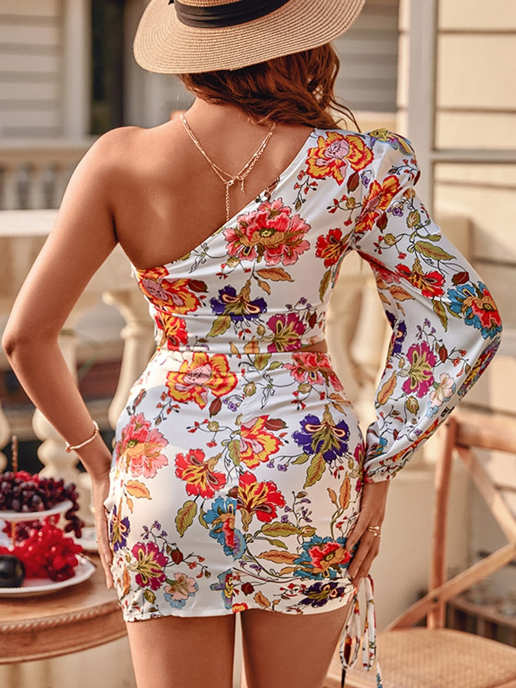 Women Floral Print Long Sleeve Slim Fit Dress Daily Wear Puff Lantern Sleeve Cutout One Shoulder Bodycon Dress