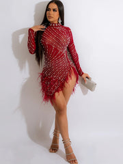 Luxury Rhinestones Pearls Feather Mini Dress