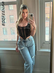 BOOFEENAA Sheer Mesh Insert Black Crop Tops Club Wear 2022 Summer Clothes for Women Sexy Fitted Low Cut Tank Top C87-AH10