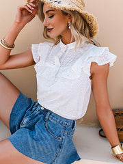 Simplee Elegant casual solid ruffled lace women blouse spring Embroidery button band collar shirt female fashion summer top lady