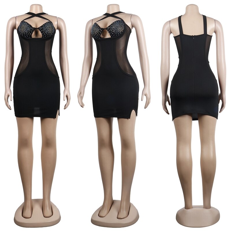Patchwork Sheer Mesh Sparkly Crystal Rhinestone Bodycon mini Dress