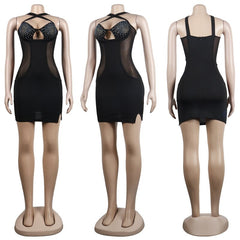 Patchwork Sheer Mesh Sparkly Crystal Rhinestone Bodycon mini Dress