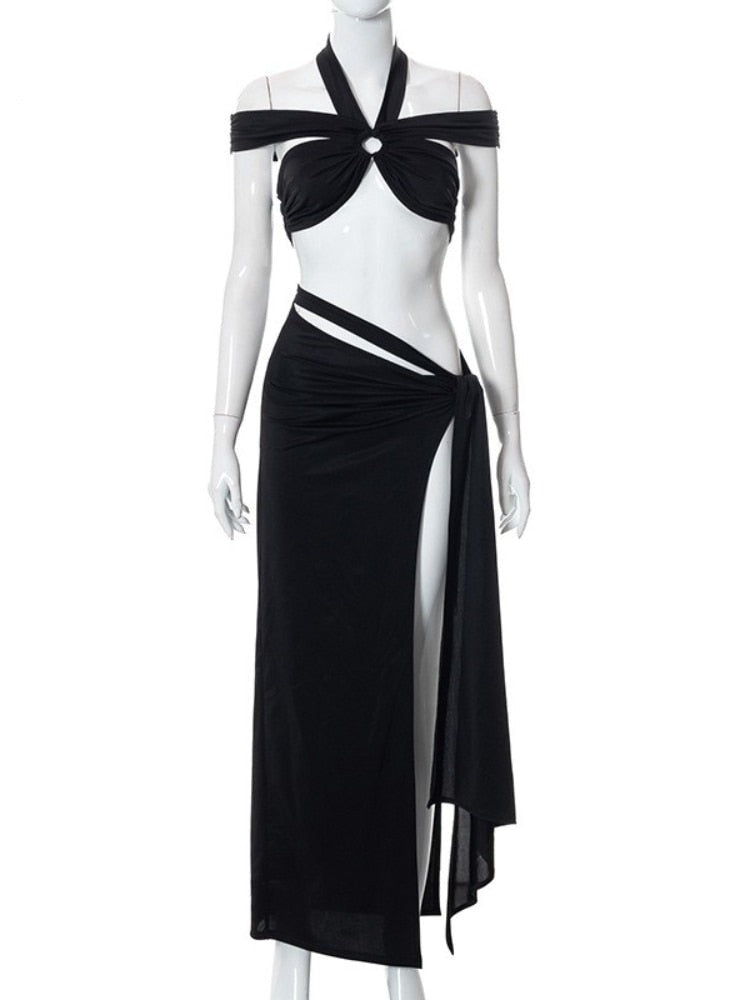 Black Slit Maxi Dress skirt Sets